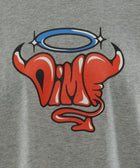 Grey streetwear tee with red devil graphic, halo and tail cartoon logo design