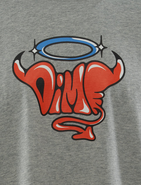 Grey streetwear tee with red devil graphic, halo and tail cartoon logo design