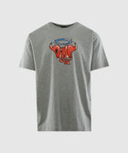 Grey men's streetwear t-shirt with red bull head and blue halo graphic on the front.