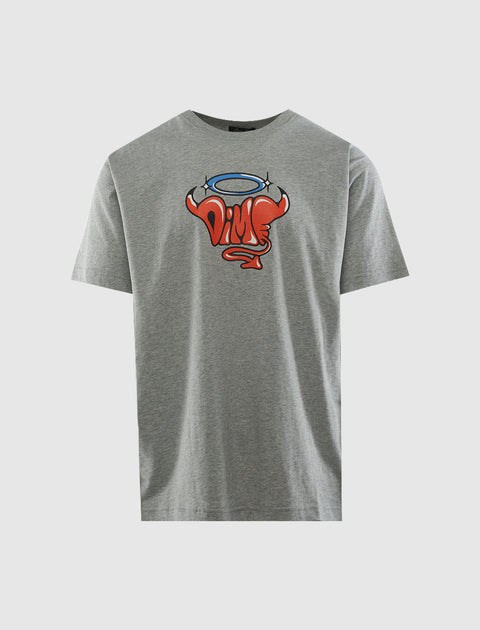 Grey men's streetwear t-shirt with red bull head and blue halo graphic on the front.