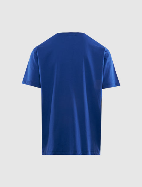 Back view of a plain blue men's short sleeve streetwear t-shirt on white background
