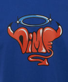 Blue streetwear t-shirt with bold red graphic text, devil horns, tail, and angel halo design