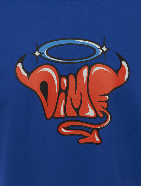 Blue streetwear t-shirt with bold red graphic text, devil horns, tail, and angel halo design