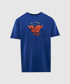 Blue streetwear t-shirt with red devil graphic and halo, short sleeves, front view