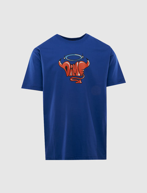 Blue streetwear t-shirt with red devil graphic and halo, short sleeves, front view
