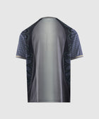 Back view of short sleeve streetwear t-shirt with graphic pattern and grid details