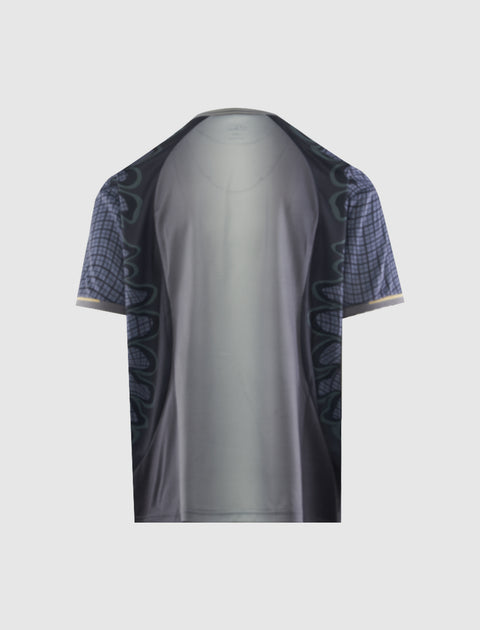 Back view of short sleeve streetwear t-shirt with graphic pattern and grid details