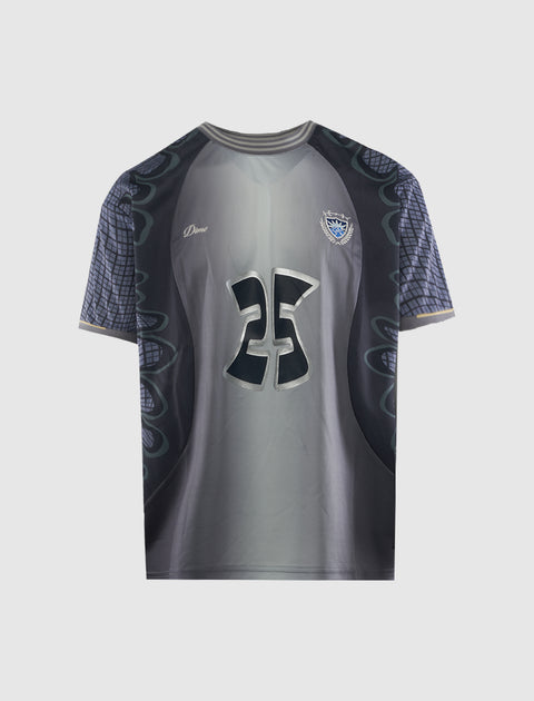 Gray streetwear graphic t-shirt with number 25, abstract patterns, and short sleeves