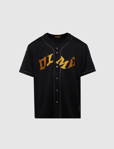 Black short-sleeve baseball jersey with yellow DIME logo and button front