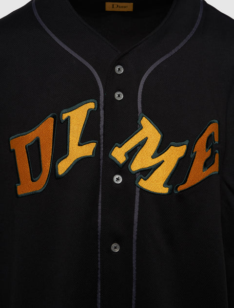 Black men's streetwear button-up jersey with yellow embroidered DIME logo on chest