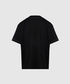 Back view of plain black short sleeve men's streetwear shirt on white background