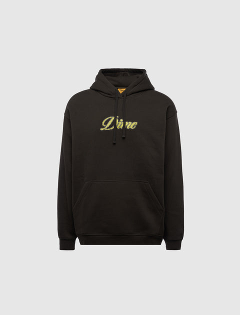 Black men's streetwear hoodie with yellow Dime logo, front kangaroo pocket, drawstring hood