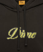Black hoodie with yellow embroidered Dime logo and drawstrings, streetwear style