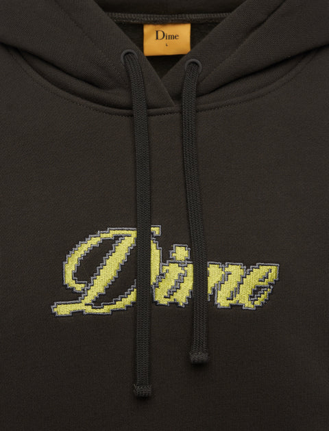 Black hoodie with yellow embroidered Dime logo and drawstrings, streetwear style