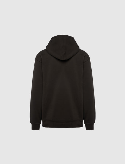 Back view of plain black men's streetwear hoodie on white background
