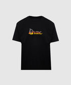 Black streetwear t-shirt with gothic flame logo graphic on chest, short sleeves