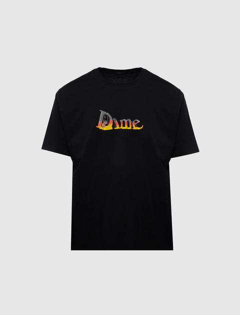 Black streetwear t-shirt with gothic flame logo graphic on chest, short sleeves