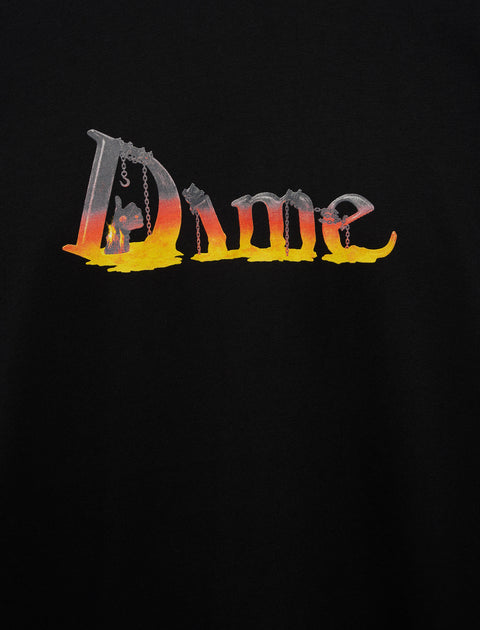 Black streetwear t-shirt with bold metallic Dime logo and orange-yellow gradient