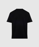 Back view of plain black men's short sleeve streetwear t-shirt on light background