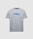 Light grey men's streetwear t-shirt with blue graphic text design on front