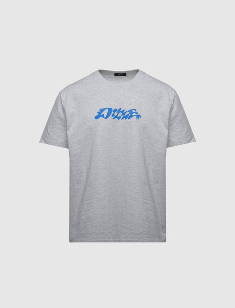 Light grey men's streetwear t-shirt with blue graphic text design on front