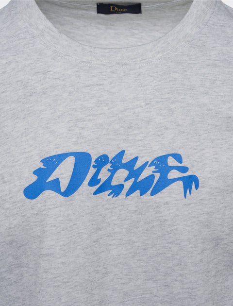 Light grey streetwear t-shirt with blue Dime logo and graphic characters on chest