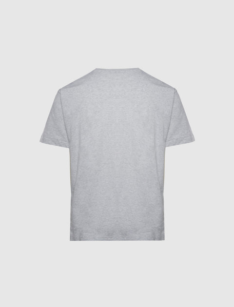 Back view of plain light grey men's streetwear t-shirt on white background