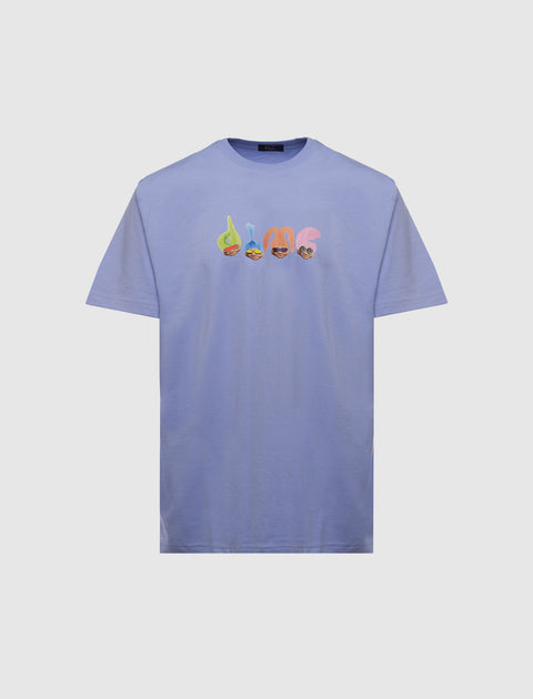 Light purple streetwear t-shirt with colorful cartoon face and 'dime' logo graphic on chest.