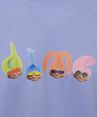 Light purple streetwear shirt with colorful troll doll faces and sunglasses graphic