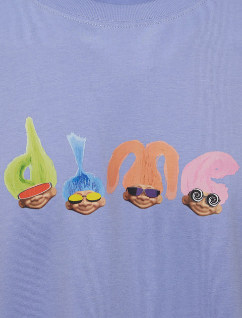 Light purple streetwear shirt with colorful troll doll faces and sunglasses graphic