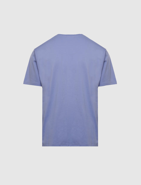 Back view of a light purple men's short sleeve streetwear t-shirt on white background