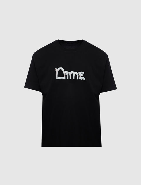 Black men's streetwear t-shirt with bold white graphic logo text on front.