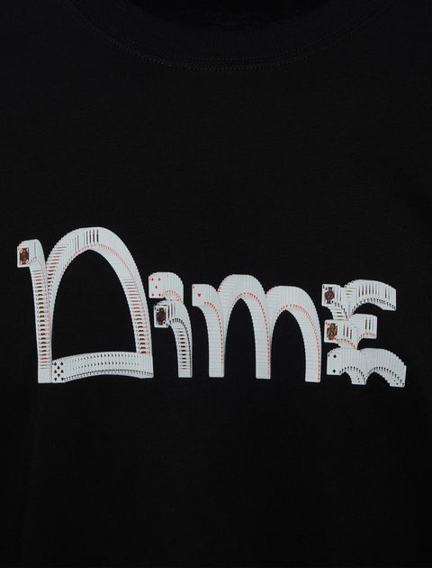 Black streetwear t-shirt with white Dime logo made of playing cards graphic on chest