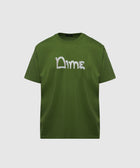 Green short sleeve t-shirt with white graphic 'Dime' logo on front, men's streetwear top