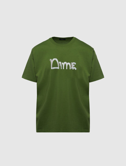 Green short sleeve t-shirt with white graphic 'Dime' logo on front, men's streetwear top
