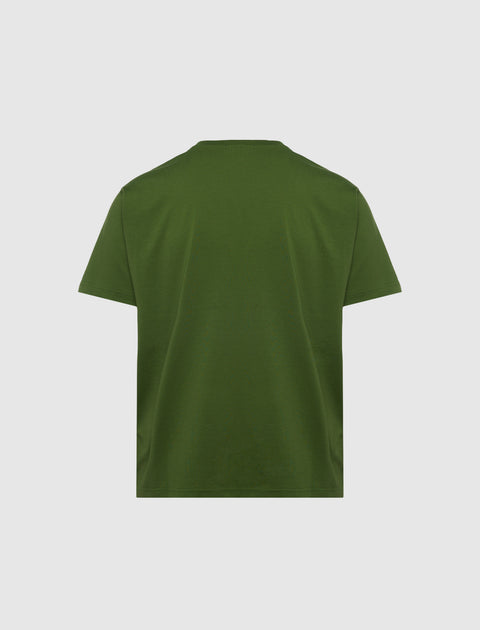Back view of plain green men's short sleeve streetwear t-shirt on white background