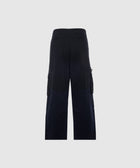 Back view of black men's streetwear cargo pants with flap pockets and wide leg fit
