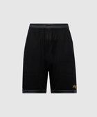 Black mesh athletic shorts with drawstring waist and subtle yellow logo on left leg