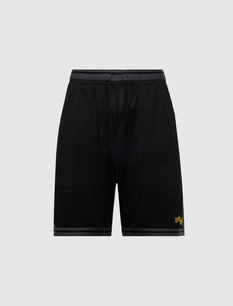 Black mesh athletic shorts with drawstring waist and subtle yellow logo on left leg