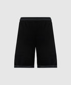 Black mesh men's athletic shorts with striped waistband and trim, rear view