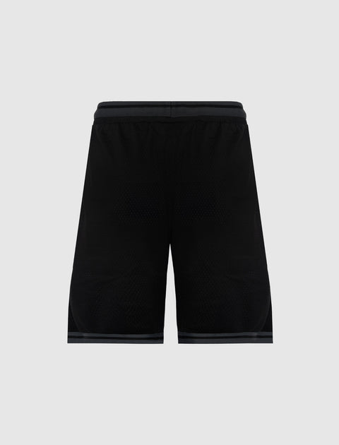 Black mesh men's athletic shorts with striped waistband and trim, rear view