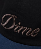 Black and navy baseball cap with Dime logo embroidered in brown on the front panel