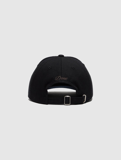Back view of black streetwear cap with Dime embroidery and adjustable strap