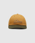Tan and olive green Dime embroidered baseball cap, streetwear accessory on white background