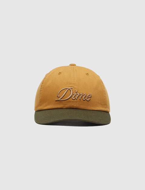 Tan and olive green Dime embroidered baseball cap, streetwear accessory on white background