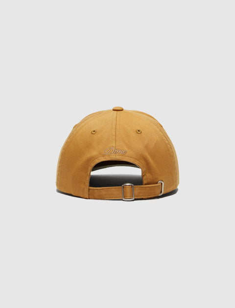 Tan streetwear dad hat with embroidered Dime logo and adjustable strapback closure