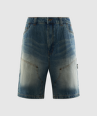 Men's blue denim shorts with front pockets and faded wash, streetwear style