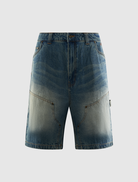 Men's blue denim shorts with front pockets and faded wash, streetwear style