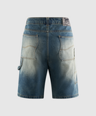 Back view of men's denim cargo shorts with faded wash and large pockets