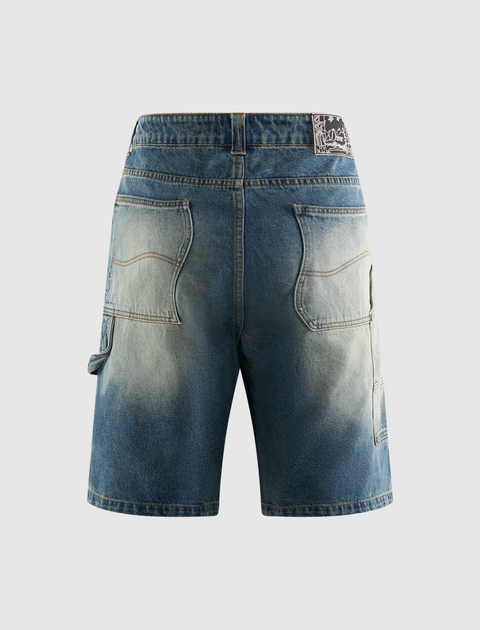 Back view of men's denim cargo shorts with faded wash and large pockets